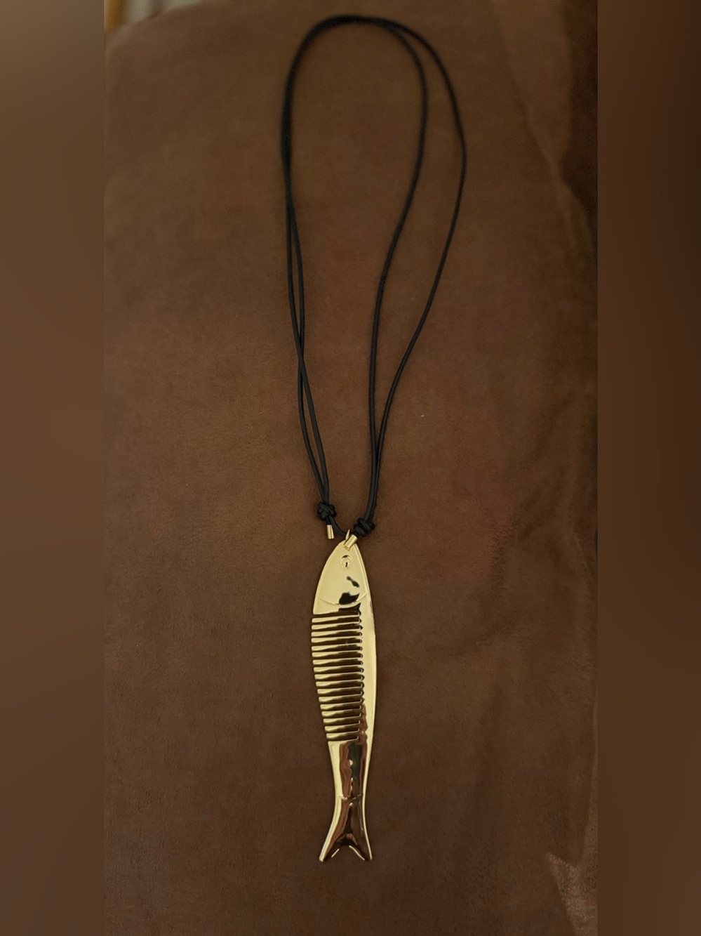 Nordstrom Gold Fish Comb Pendant on Black Cord Necklace